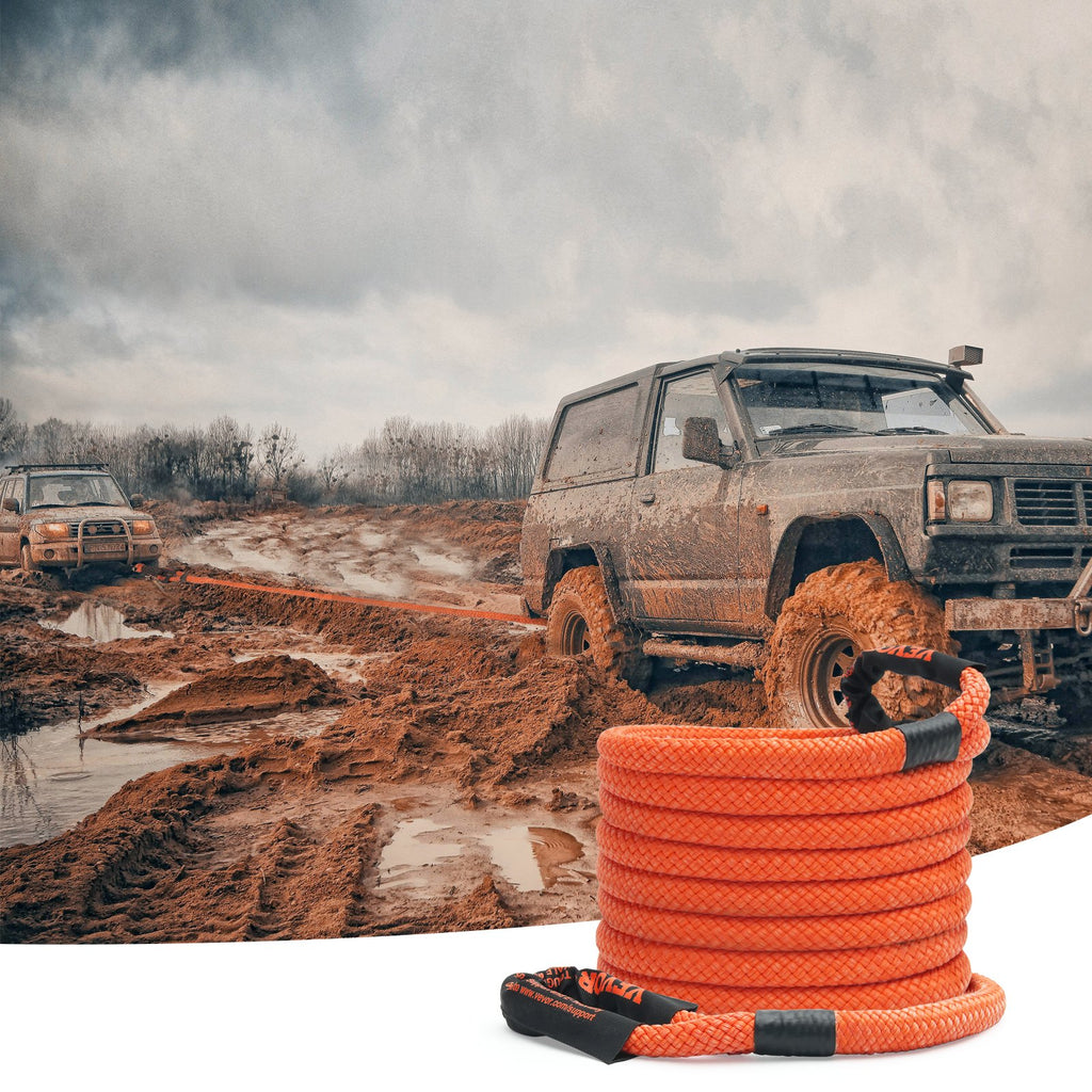 7/8" X 30' Kinetic Recovery Tow Rope 30,580lbs, Heavy-Duty Off Road Snatch Strap With 2 Soft Shackles (41750lbs) Extreme Duty 30% Elasticity Energy Snatch Strap Jeep Car Truck ATV Tractor