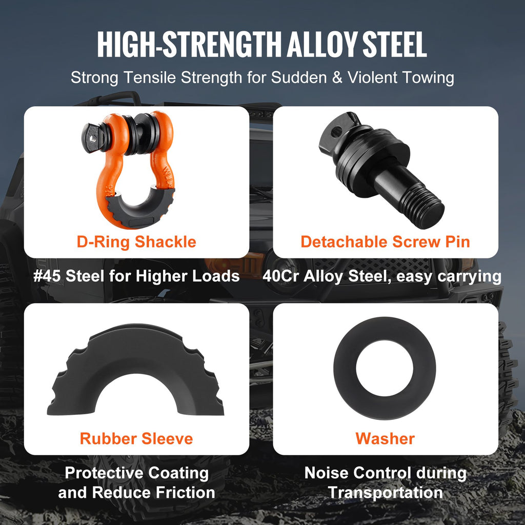 3/4" D-Ring Shackle, 2 Pack Alloy Steel Shackles 62832 Lbs (28.5 Ton) Break Strength With 7/8" Screw Pin, Isolators & Washers, Heavy Duty Off Road Vehicle Recovery Shackle For Jeep Truck, Orange