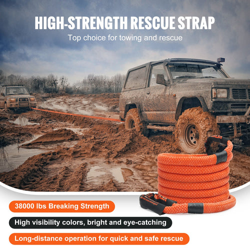 1" X 20' Kinetic Recovery Tow Rope 38,000 Lbs, Heavy-Duty Off Road Snatch Strap, Extreme Duty 30% Elasticity Energy Snatch Strap For Jeep Car Truck ATV UTV SUV Tractor